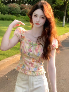 chaqi | Sweet Floral Short Sleeve Bow Blouse