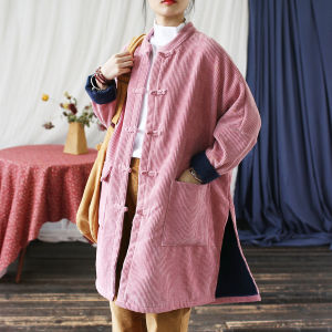 Áo Dáng Dài Vừa Rộng Rãi Cổ Đứng Nghệ Thuật Mùa Thu Đông Nguyên Tác Mực Nhạt Áo Khoác Dày Dặn Cài Khuy Áo Khoác Nhung Kẻ Nữ