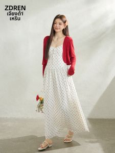 ZHANGDAREN | Đầm Nữ Dáng Dài Đỏ Áo Len và Đầm Lót Chấm Bi Nâng Đỡ Vòng eo