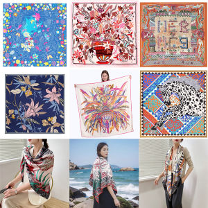 Cross-Border Hot 130*130 Large Kerchief Fashion New Arrival Silk Scarf Line Horse Head Sunscreen Multifunctional Shawl Scarf