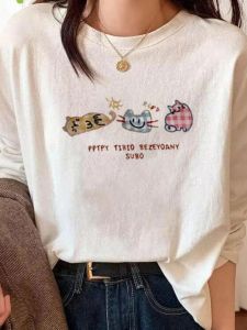 เสื้อยืดคอกลมแขนยาวผ้าฝ้ายสีขาวสไตล์ย้อนยุคอเมริกันสำหรับผู้หญิง เสื้อชั้นในแฟชั่นฤดูใบไม้ร่วง/ฤดูหนาว ทรงหลวม สวมใส่สบาย