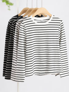 Womens Slim Fit Long Sleeve T-Shirt Pure Cotton Thickened round Neck Base Shirt Classic Striped Inner Wear Spring Autumn Top