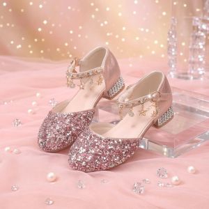 CAIWENGNIAO | New Gold Crystal Shoes Princess Style with Pink Glitter for Girls
