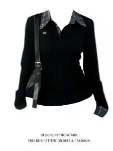 Plus Size Chubby Girl Korean Style Plaid Lapel Stitching Long Sleeve T-shirt Womens Autumn New Arrival Silm Slim Fit Versatile Top Tide