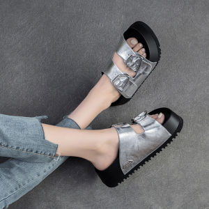 Elegant Silver Leather Sandals Womens Thick Bottom Platform Increase Height Outdoor Wear Summer Flat Heel Buckle Style
