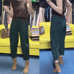 กางเกงขายาวทรงหลวมสไตล์ฮาเร็มเอวสูงสำหรับผู้หญิงไซส์ใหญ่ ฤดูใบไม้ร่วง 2024 กางเกงขายาวทรงห้าส่วน ทรงเข้ารูป เนื้อผ้าผสมโพลีเอสเตอร์