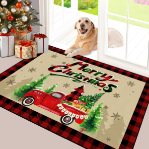 VIKAMA Christmas Welcome Mat Rustic Buffalo Plaid Red Vintage Truck Xmas Tree Rug Non Slip 2027 Christmas Home Decor