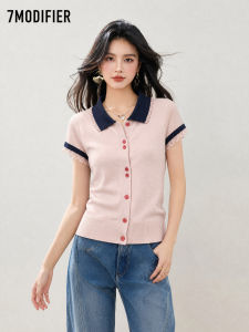 7.Modifier | Áo Cardigan Knit Tay Ngắn Cổ Polo phối màu viền ren