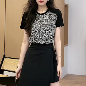 Shalldoer | Fashionable Ladies Summer Retro Hook Floral Splicing Short Sleeve T-Shirt Belted Mini Skirt Two-Piece Set Polyester Fiber