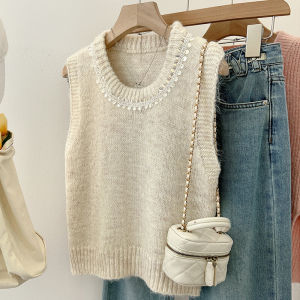 Áo Len Dệt Kim Cổ Tròn Cỡ Lớn Cho Nữ Mùa Thu Đông Mới Về Áo Khoác Ngoài Không Tay Áo Len Cardigan Phong Cách Công Sở Màu Trơn