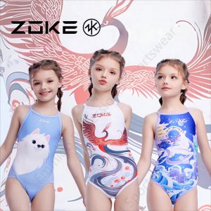Zoke Kids Training Swimwear Cartoon Printed Fastskin Porfessional Racing Teenage Girls Waterproof Chlorine Resistant Sporty Swimwear For Competition