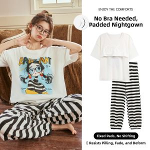 Miiow | Lightweight Short Sleeve Sleepwear Set For Women Summer Home Clothes Cotton Polyester Blend Elastic Waist Comfortable Padded Chest