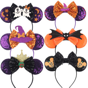 Disney | 2025 Mickey Mouse Ear Headband For Kids Cosplay Skeleton Hairband Women Carnival Ghost Hair Accessories Girl Sequin Bow Headwear