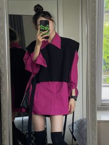 Black Long Sleeve Vest Shirt Two-Piece Set Loose Fashionable Shoulder Wrap Spring Autumn New Hong Kong Style High-End Feeling Set