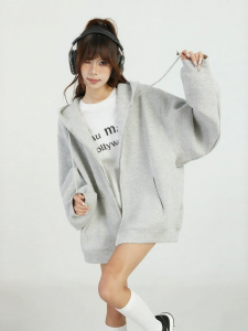 KBVVR | American Chic Gray Hooded Zipper Sweatshirt Jacket