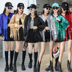 Tassel Outwear Female Reflective Sequin Inflexible Shiny Tops Short Spring & Fall Bling Tide Jump Stage Costume