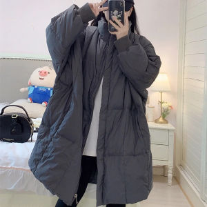 plus Size Womens Grey Cotton Jacket Coat Medium Length Loose Fit Thickened Winter Fashionable Casual Korean Style POLO Collar