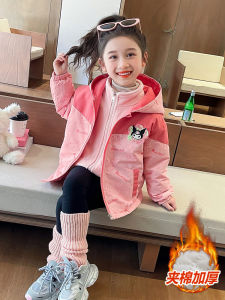 Kolumi Girls Fleece-Lined Cotton Jacket Autumn Winter Casual Style Zipper Closure Mixed Fabric Coat with Hat Baby Girl Outfit