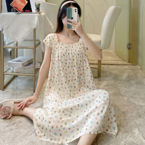 เดรสใส่นอนผ้าป๊อปปลิ้นผ้าฝ้ายสำหรับฤดูร้อนชุดอยู่บ้านลายดอกไม้เล็กสวยหวานแบบยาวปานกลางแขนสั้นผ้าฝ้ายเทียมแบบบางสำหรับผู้หญิงเดรสชุดนอน