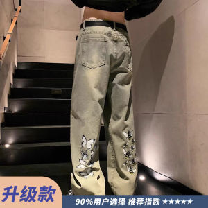 American Style Mens Wide Leg Straight Cut Jeans Trendy Handsome Spring Autumn Loose Fit Denim Pants Casual High Street Vibe