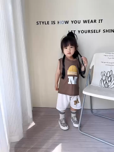 ชุดแขนกุด ชุดเด็กผู้ชาย กร้ามน่าร้อน เซท 2 ชิ้น ผ้าวาฟเฟิล สกรีนหมวก