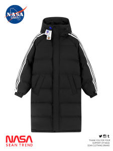 NASA SEAN Mens Hooded Mid-Length down Jacket Winter Thickened Striped Cotton Coat Warm Outerwear Polyester Fiber Zipper Closure