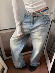 American Retro Washed Wide Leg Denim Jeans Womens Spring Autumn New High Waist Loose Straight Long Trousers Trend