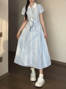 SENWA | Korean Style Summer New Design Petite Blue Striped Dress