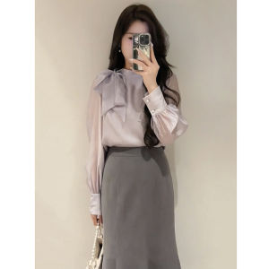 เสื้อเชิ้ตแขนยาวผู้หญิงไซส์ใหญ่สไตล์ฝรั่งเศส ทรงหลวม สไตล์ฤดูใบไม้ร่วง 2024 กระโปรงทรงเอเข้ารูป เสื้อผ้าทำงาน