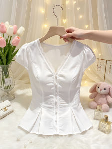 Shalldoer | Lace Trim Back Tie Waist Short Sleeve Blouse