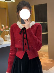 Red Knitted Butterfly Knot Sweater Womens Base Layer Winter Clothes 2024 Commute Style Slim Fit Long Sleeve round Neck