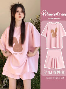 ชุดกีฬาฤดูร้อนสำหรับผู้หญิงตั้งครรภ์ ชุดสองชิ้น ทรงหลวม สีชมพู ทรงหลวม น้ำหนักเบา ไซส์ใหญ่ ชุดกางเกงขาสั้น