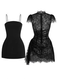 Elegant Lace and Embroidery Dress Slim Irregular Black
