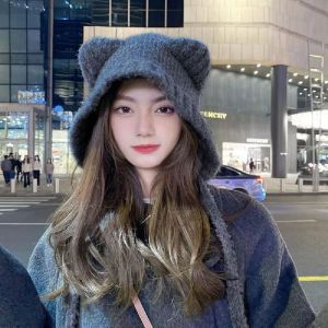 【Bubble Star】Cute Bear Hat Womens Autumn and Winter New Warm and Versatile Wool Hat Hot Style Ear Protection Knitted Hat