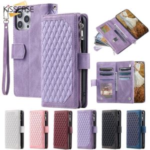 KISSCASE Luxury Multi Card Slots Layer Zipper Wallet Case for iPhone 15 Pro Max 14 Plus 13 12 11 XR XS Max With Lanyard Wrist Strap Long Strap Crossbody Phone Pouch Bag Leather Flip Cover