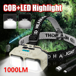 Super Bright Headlamp 1000LM USB C Rechargeable Mining Safety Head Torch Red Light Mode Running  Emergency Tiltable Head Torch