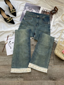 High Waist Slimming Skinny Jeans Womens Lace Trim Micro Flared Denim Pants Autumn New Style Nine Points Pants Cotton Stretch
