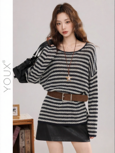 YOUXIANG | Áo Thun Dài Tay Kẻ Sọc Knitted cho Mùa Thu