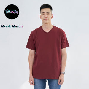 Kaos Polos Pria Vneck Lengan Pendek Bahan Katun Combed 30s Warna Merah Maron