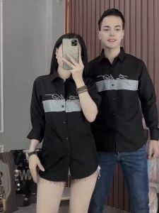 Áo Sơ Mi Nam Nữ Tay Dài Phối Viền Ngang Thêu Chữ BELIVE