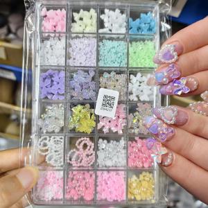 24Grids 3D Colorful Bow Flower Nail Charms Aurora Bowknot Pearl Bead Heart Nail Art Decorations DIY Kawaii Manicure Accessories