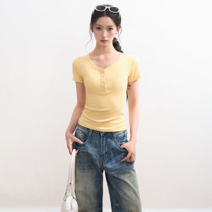 BAIDAIFEI | Henley Collar Short Sleeve T-shirt Tight Waist Slimming Shirt