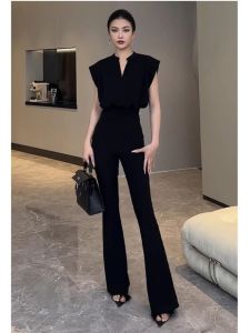 Fashion Elegant Sleeveless Waist-Cinching Top Flared Pants Set