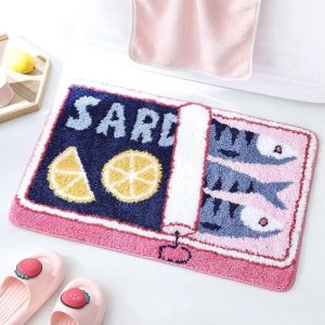 VIKAMA Sardine Can Lemon Bath Rug Vintage Fish Illustration Doormat Orange Blue Non Slip Absorbent Soft Bathroom Decor Mat