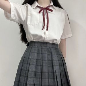 Loose Womens Short Sleeve JK Shirt Pure Color Top And Skirt Set Spring Summer College Style Fashionable Versatile White Polyester