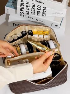 Plaid PU Leather Cosmetic Bag Ladies Make Up Bag Large Capacity Travel Portable Toiletry Bag Wash Storage Bag Organizer