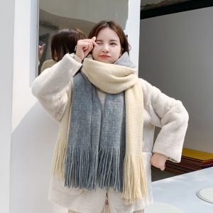 Color Block Contrast Winter Scarf Mens Tassel Shawl Warm Necktie Fashionable Versatile Polyester Fabric Rectangular Scarf