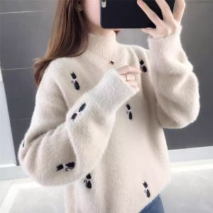 Thickened Half-High Collar Mink Sweater Womens Loose Knitted Base Shirt Stylish Top Trendy Autumn Winter Warm Fashionable