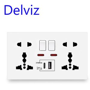 ซ็อกเก็ตชาร์จด่วนผนัง Delviz พอร์ต Type-C 18W ปลั๊กไฟสากลควบคุมสวิตช์คู่ ซ็อกเก็ตอินเทอร์เฟซ USB มาตรฐานสหราชอาณาจักร