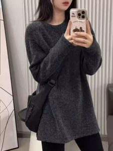 Gray Long Sleeve Mid-length T-Shirt Spring Loose Fit Butt-covering Top